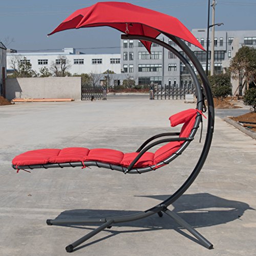 Finether Hanging Chaise Lounge Chair | Detachable Outdoor orIndoor Hammock Chair Swing with Arc Stand,Canopy,and Cushion for Patio,Beach,Yard,Garden,Red - Thumbnail 6
