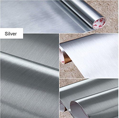 JIUBING Brushed Metal Look Contact Paper Film Vinyl Self Adhesive Backing Waterproof Metallic Gloss Shelf Liner Peel and Stick Wall Decal for Covering Counter Top Kitchen Cabinet (24''x118'', Silver)