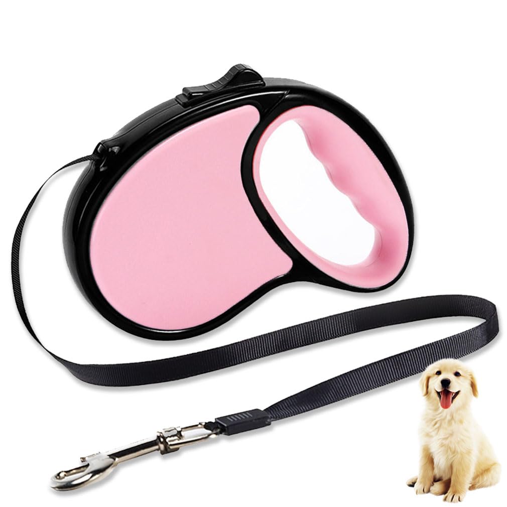 Retractable Dog Lead 5M/16FT 360°Tangle-Free Dog Lead with Anti-Slip Handle One-Button Brake&Lock for Small Medium Dogs (Pink)