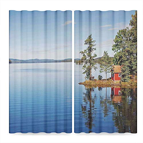 YOLIYANA Lake House Decor Door Curtain,Lakeside Photo with Calm Still Water and Small Country House Between Trees Peace Art Work,for Living Room, 2 Panel Set,86W X 70L Inches