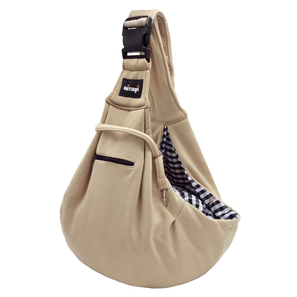 NATUYA Pet Sling Carrier Small Dog Sling Cat Carrier Bag Adjustable Strap Hands-free Sling Pet Carrier Bag with Front Zipper Pocket Safety Belt for Outdoor Traveling Subway (Khaki, Cotton Style)