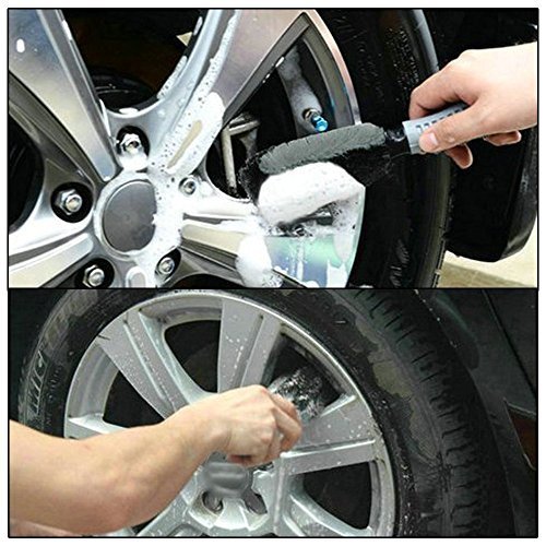 AutoEC Car Wheel Cleaner Brush Kit, 1 Steel Wire Flocking Wheel Cleaning Brush, 1 Metal-Free Rim Wash Brush, 1 Contoured Scrub Tire Shine Brush for Auto, Vehicle, Engine, Motorcycle (Pack of 3)