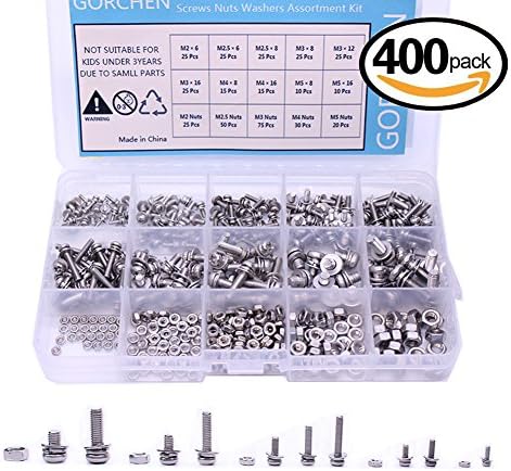 GORCHEN M2 M2.5 M3 M4 M5 Phillips Pan Head Screws Nuts Washers Assortment Kit with Storage Case Box Stainless Steel 304 400pcs