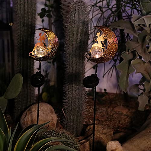 LCHPMY Garden Solar Lights, Metal Moon Fairy Solar Stake Lights with Crackle Glass Ball，Outdoor Decorative Lights Waterproof for Walkway, Yard, Lawn, Patio or Courtyard (1 Pack)