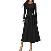 MEROKEETY Women's 2025 Fall Long Sleeve Midi Dress Elegant Boat Neck Ruched Swing Cocktail Party Dresses
