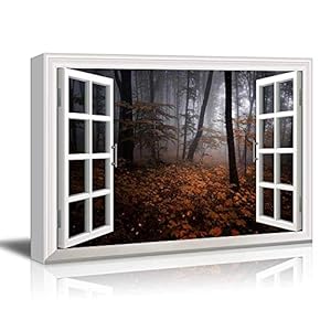Modern White Window Looking Out Into a Dark Foggy Forest During Fall Time - Canvas Art Home Art - 24x36 inches