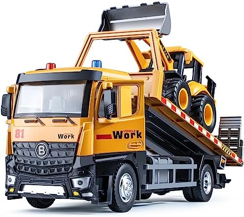HAPYAD Tow Truck Toy Metal Cab Flatbed Tow Truck Toys for Boys with Backhoe Loader Friction Powered Transport Trailers with Lights and Siren Sounds Construction Vehicles for Kids 12.5 price in Saudi