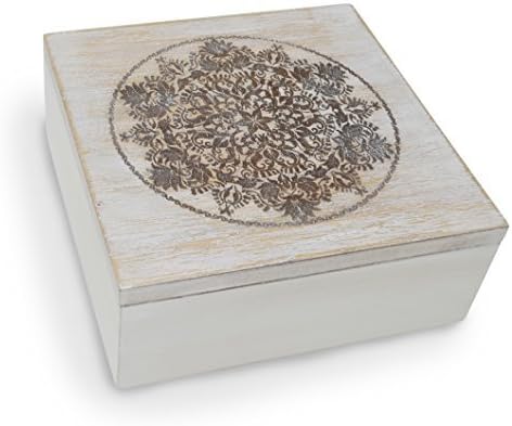 gb Home CollectionWooden Storage Box - 6 x 6 x 2.4 inches - Rustic Square Engraved Art Keepsake