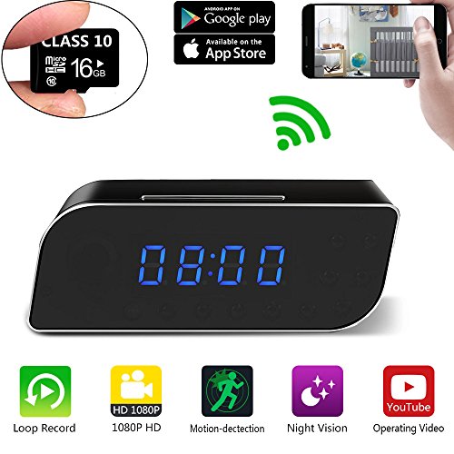 Click Here to See More Images Clock Hidden Camera WiFi HD 1080P ( Include 16 GB ) Mini Alarm desk spy clock Camera For Home Security Nanny Cam Small Wireless(Updated version)