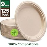 Stack Man 100% Compostable 9" Paper Plates [125-Pack] Heavy-Duty Quality Natural Disposable Bagasse, Eco-Friendly Made of Sugar Cane Fibers, 9 inch, Brown