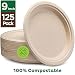 Stack Man 100% Compostable 9" Paper Plates [125-Pack] Heavy-Duty Quality Natural Disposable Bagasse, Eco-Friendly Made of Sugar Cane Fibers, 9 inch, Brown