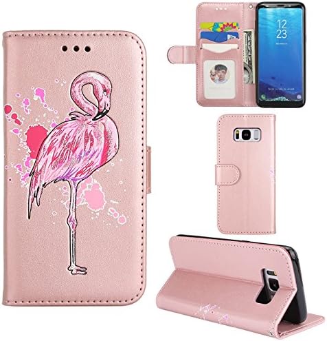 Aipyy Galaxy S8 Case,S8 Cases,[Card Slots] Wallet Folio Style PU Leather Glitter Powder Flamingo Emboss Flip Case Kickstand Cover &amp; Magnetic Closure for Samsung Galaxy S8 5.8" [Rose Gold]