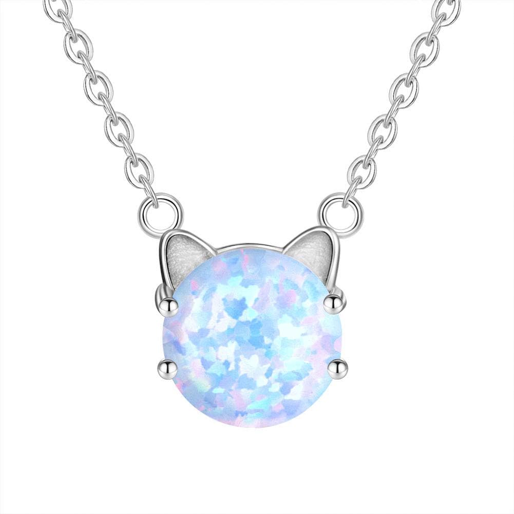 Sterling Silver Cat Necklace Created Opal Cat Collarbone Necklace