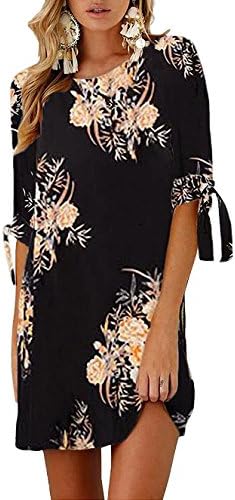 Floral Season Women Casual Tie Half Sleeve Round Neck Floral Chiffon Mini Dress Black X-Large