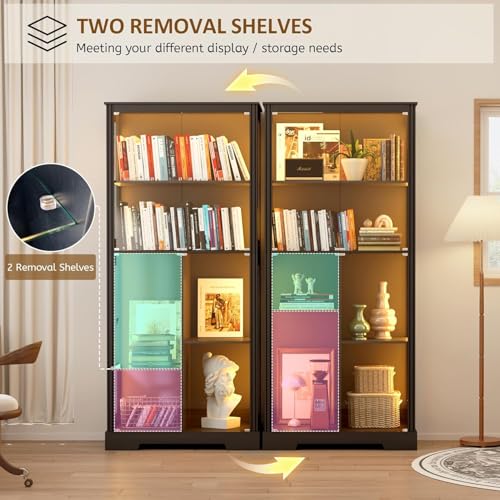 180 cm Display Cabinet with Glass Doors, Modern Curio Cabinet with 3 Color Lights, 7-Tiers Glass Display Cases for Collectibles, Tall Lego Storage Cabinet with Human Body Sensor (Black)