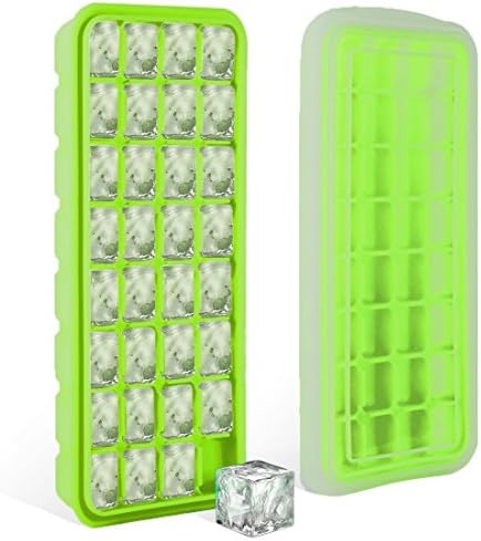 Silicone Ice Cubes Tray with Waterproof Lid- Food Grade Rubber Mold Make 32 Ice Cubes In One Time- FDA,BPA Free,Make Your Drinks Cool.DIY Ice Making,Baking,Food Storing.(Green)