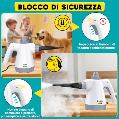 Rolipo Pulitore a Vapore Portatile, Pistola a Vapore Multifunzione Per Uso Domestico, Pressurizzato Con 12 Accessori e Blocco Di Sicurezza, Per La Pulizia Di Cucina, Bagno, Fughe, Finestre, Grasso