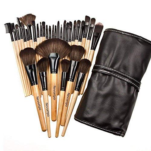 Makeup Brushes 32 Piece Set, Nevsetpo Makeup Brushes Hair Cosmetics Professional Essential Soft Make Up Brush Set with Carry Case (Wood)