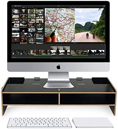 Akiimy Wood Universal Computer Monitor Stand Riser with Storage Organizer Drawers, Desktop,Laptop Stand Riser with Keyboard Storage Space for Home & Office PC Desk Stand (Black)