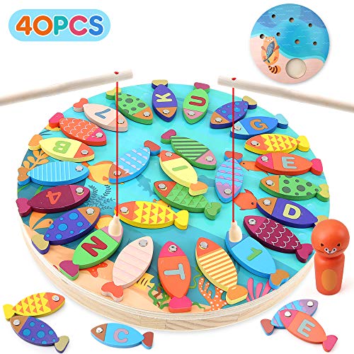 BeebeeRun Magnetic Wooden Fishing Game Toy for Toddlers - Alphabet Fish Catching Counting Preschool Board Games Toys for 3 4 5 Year Old Girl Boy Kids Birthday Learning Education Math with Magnet Pole - Thumbnail 7