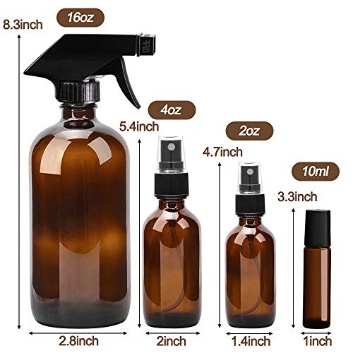 Glass Spray Bottle Set, Wedama Amber 6 10 ml Essential Oil Roller Bottles Kits with 10 Empty Glass Spray Bottle (16/4/2oz) & Accessories for Aromatherapy Facial hydration Watering Flowers Hair Care