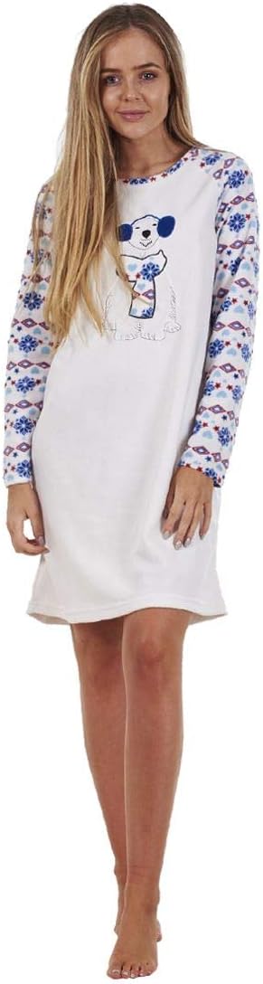 Ladies Winter Long Sleeve Fleece Cute Animal Night Shirt Warm Nightie