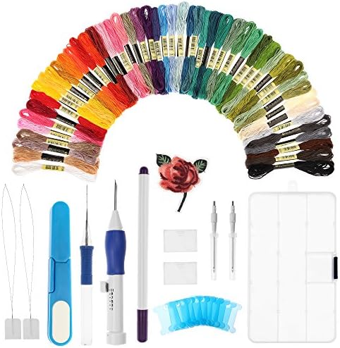 Magic Embroidery Pen, LEDOWP Embroidery Stitching Punch Needles Craft Tool Set Including 50 Color Threads for DIY Sewing Cross Stitching