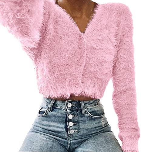KaiCran Womens V-Neck Button Fluffy Mohair Long Sleeve Knit Crop Top Cardigan Sweater Tops