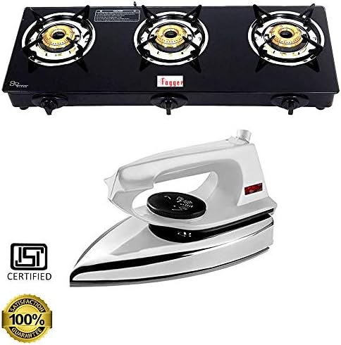 Fogger Stainless Steel 3 Burner Gas Stove and Max Iron Set, 2-Pieces, Black