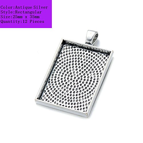 AKOAK 12 Pieces 25mm X 35mm Antique Silver Rectangle Pendant Trays Pendant Blanks Cameo Bezel Settings for Photo Charm,Cabochon and Jewelry Making