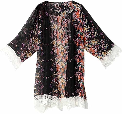 Women's Sheer Chiffon Long Sleeve lace Blouse Loose Tops Kimono Floral Print Cardigan-Multi-color optional