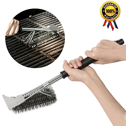 AMILE Grill Brushes, Barbecue Brushes 18'' Stainless Steel Woven BBQ Cleaning Scraper Wire 3 in 1 for Grills, Durable & Effective Barbecue Tool
