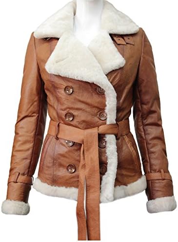 ABSY Women's Sheepskin Tan Leather Flying Jacket Coat (Small 8)