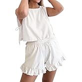 Sotimoon Womens Ruffle Short Sets 2 Piece Fashion Summer Side Tie Crop Tank Top and Shorts Cotton Beach Vacation Outfits