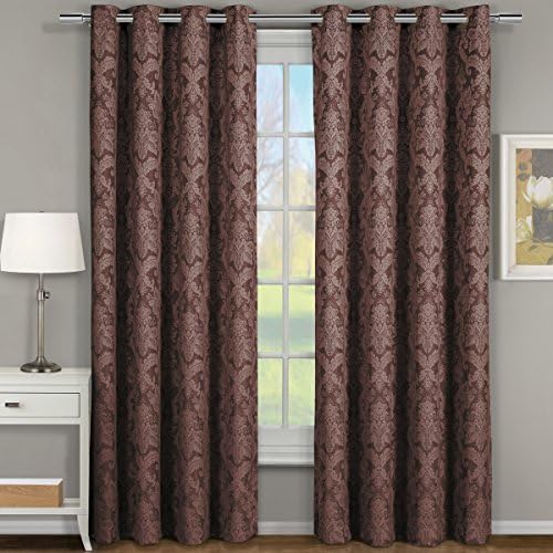Pair of Two Window Panels, Elegant and Contemporary Jacquard Blair Grommet Top Draperies. Set of Two Chocolate 54" Width by 84" Length Panels (108" W by 84" L Pair)