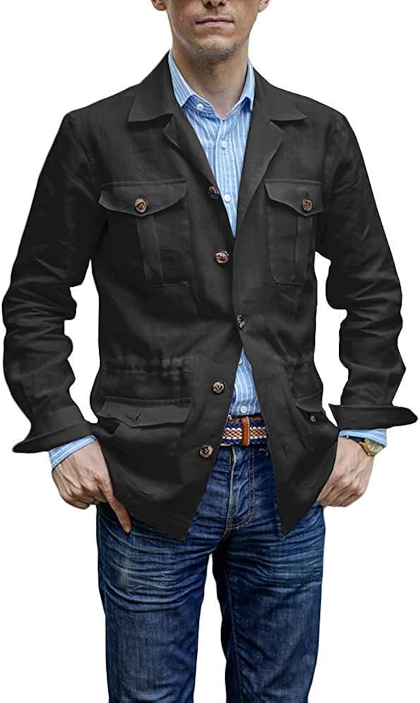 Gemijacka Mens Lightweight Safari Jackets Casual Outdoor Linen Button