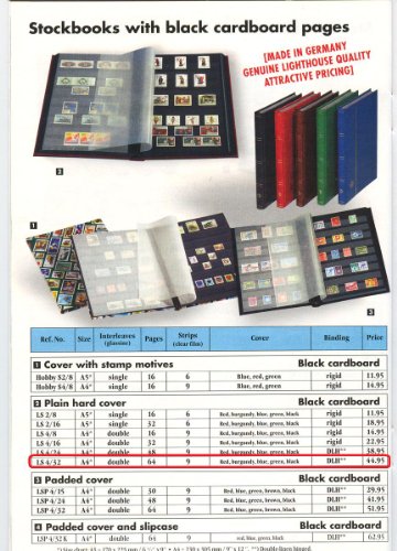 Lighthouse Hardcover Stamp Album Stockbook With 64 Black Pages, Blue, LS4/32