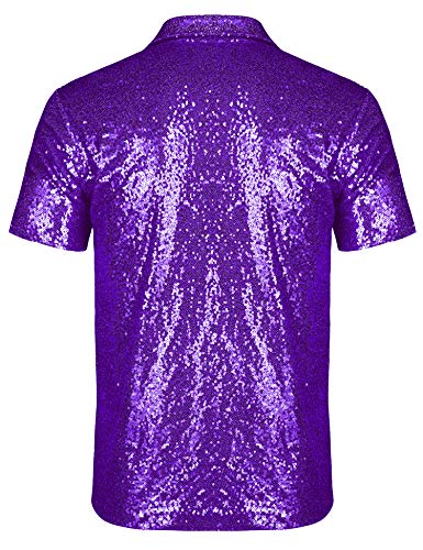 URRU Men's Relaxed Short Sleeve Turndown Sparkle Sequins Polo Shirts 70s Disco Nightclub Party T-Shirts Tops Purple L