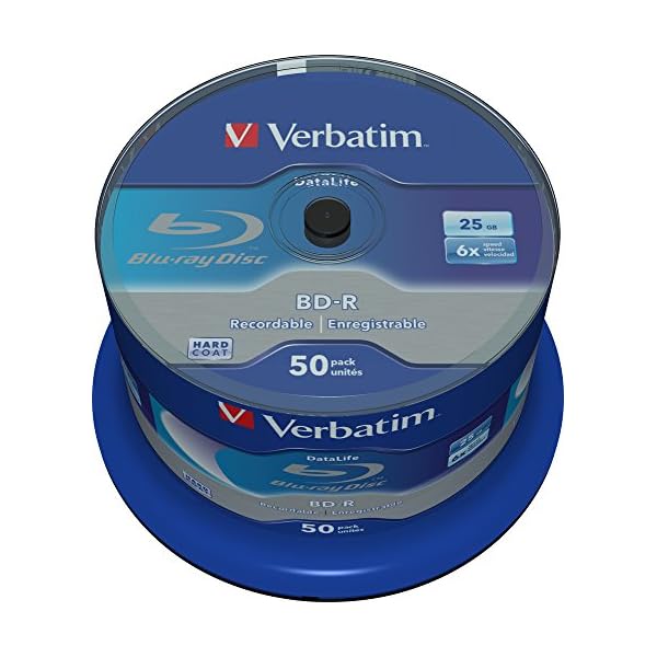 Verbatim BD-R SL Blu Ray Rohlinge, Datalife Blu Ray Disc mit 25 GB Datenspeicher, kompatibel mit Blu Ray Playern und Brennern sämtlicher Hersteller, 50er Pack Spindle