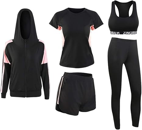 Amazon Co Jp レディース ヨガウェア スポーツウェア 女子トラックレギンスパンツパーカージャケット5点セットジャージヨガ衣装ジョギングワークアウトセットgymwearのために設定しますアクティブウェア ヨガウェアセット Color A Size Xxxxl ホーム キッチン