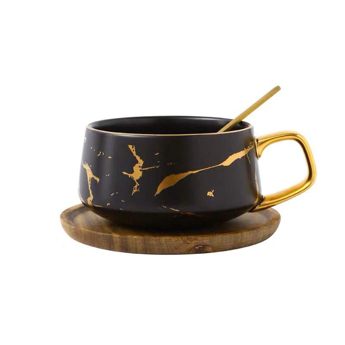 Eplze YBK Tech Porcelain Tea Cup Coffee Mug Set for Afternoon Tea - Marble Pattern (Black, Short 300ml + Wood Saucer)