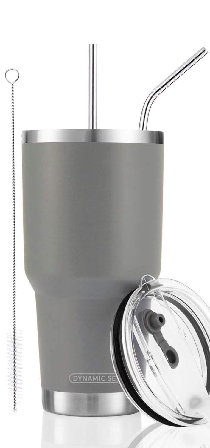 D·S 30oz Grey Tumbler Stainless Steel Insulated Travel Mug with Straw Lid Cleaning Brush (30oz Grey)