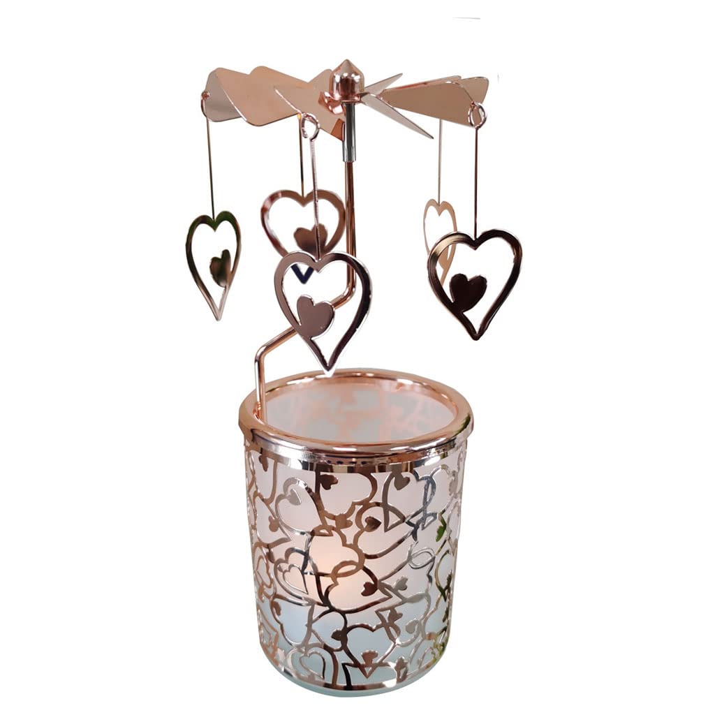 kingnero carousel candle Rotary Candle Holder Spinning candleholer Home Decoration Metal Tea Light rotating candle holdern Candlestick for Christmas (rose gold heart)