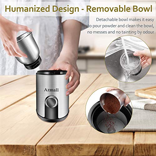 Spice Grinder - Azmall Coffee Bean Grinder Electric with Stainless Steel Blade, 3oz/85g Large Capacity, 200W Powerful Motor, Removable Grinding Cup, also for Pepper, Herbs, Nuts, Seeds, Grains