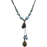 Zlanderah Boho Ceramic Bead Y-Necklace for Women, Adjustable Cord Statement Necklace with Zinc Alloy Leaf Pendant, Handmade Purple White Bohemian Jewelry for Festival and Casual Wear