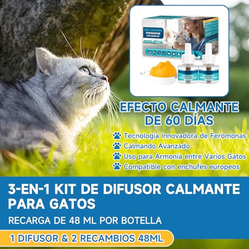 3 in 1 Pheromone Soothing Diffuser for Cats, Compatible with Common Diffusers, Pheromone Diffuser Cats 60 Days for Stress, Relaxation and Anxiety, for Cats and Kittens (1 Diffuser + 2 Refills)