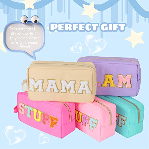 Sawjut Preppy Chenille Letter Patches Stuff Bag, Nylon Varsity Cosmetic Toiletry Bag with Zipper, Portable Skin Care Pouch Travel Make Up Skincare Organizer for Girls Women