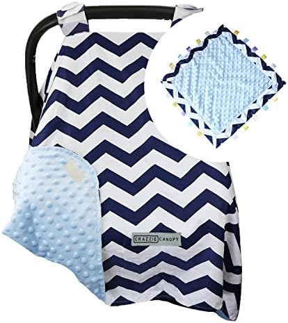 CRAZZIE Car Seat Canopy with Soft TAGZ Blanket - Navy Zigzag Blue Minky