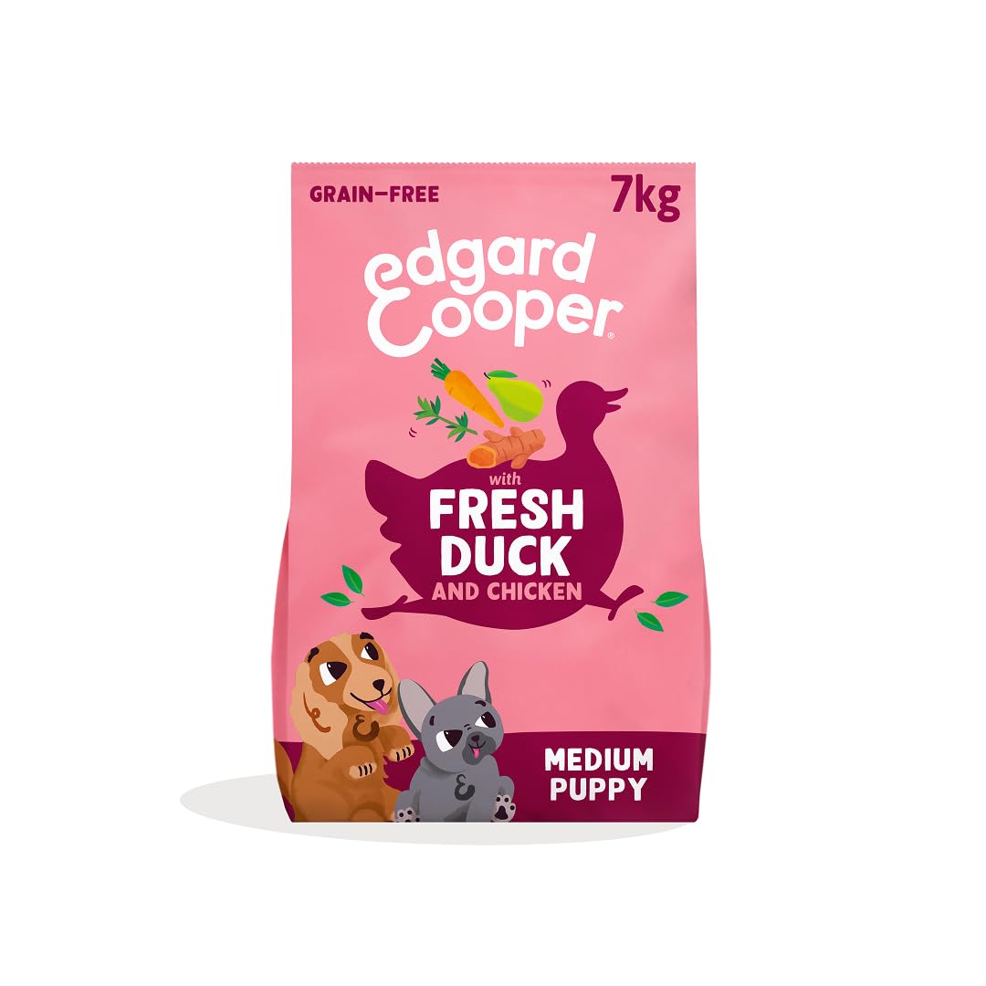 Edgard & Cooper Grain Free Dry Dog Food For Medium Breed Puppy Dogs (7kg), Fresh Duck & Chicken, Fibre Balanced Tailored To Tummy Needs, With Carrot, Turmeric, Thyme & Pear, Never Meat Meal