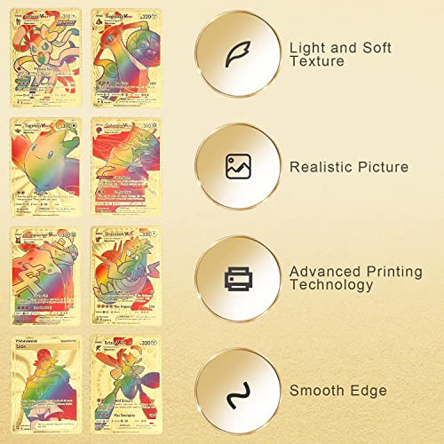 Golden Pokemon Cards 58 pcsTCG Gold Cards，Rare Cards GX Rare V Series CardsVmax GoldFoil Cards- for Kids, Fans & Collectors